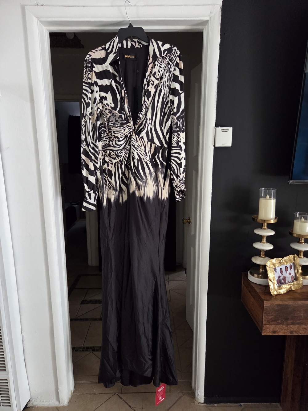 Fashion Nova Black and White Zebra Print Long Sleeve Wrap Maxi Dress